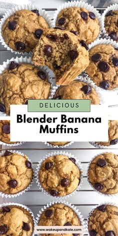 delicious blender banana muffins with chocolate chips in the middle and on top