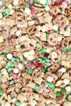 a mixture of cereal and pretzels is shown