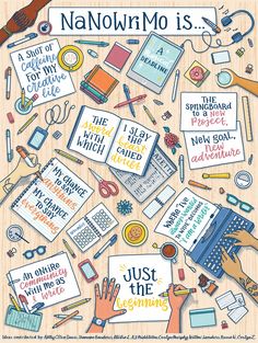 a poster with many different types of items and words on it, including books, pens,