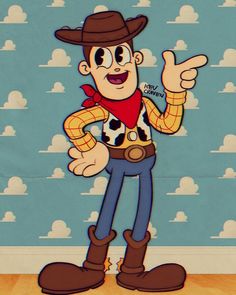 a cartoon character with a cowboy hat and red bandanna pointing to the side while standing in front of a wallpapered background