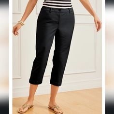 Nwt, Talbots Perfect Skimmer Curvy Fit Pants In Black. Slim Leg Pedal Pusher Length Sits At Waist Front & Back Pockets Side Vents With Ribbon Detail 98% Cotton, 2% Spandex - Machine Wash Waist Laying Flat 13.5" Rise 8.5" Inseam 19" Model Pictures Of The Pants In Other Colors Are Just To Show Fit And Features. Black Cotton Capris For Work, Black Capris For Workwear In Spring, Black Capris For Workwear, Spring Season, Casual Black Capris For Work, Black Spring Capris For Work, White Crop Pants, High Waisted Cropped Jeans, Cropped Linen Pants, Floral Pants