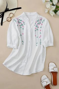 Button Front Embroidered Blouse, Casual Short Sleeve Blouse For Spring & Summer Cotton Button-up Blouse With Floral Embroidery, Casual Collared Blouse With Floral Embroidery, Casual Button-up Blouse With Floral Embroidery, White Button-up Top With Floral Embroidery, White Floral Embroidered Button-up Top, V-neck Shirt With Floral Embroidery For Spring, Summer Collared Blouse With Embroidery, Embroidered Collared Blouse For Summer, Summer Embroidered Collared Blouse