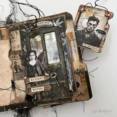 an altered book with two pictures on it