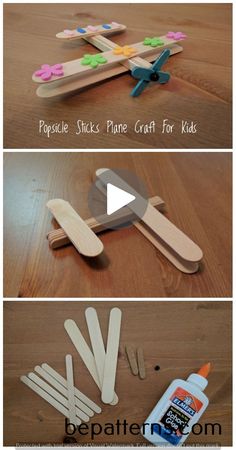 popsicle stick plane craft for kids to make with clothes pins, glue and wooden pegs