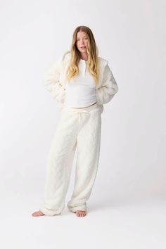 Lounge in style with our ivory cable-texture cozy pant. It features a rib tie-waistband, side welt pockets, and straight-leg styling for ultimate in cozy comfort. Cozy White Bottoms For Fall, Cozy Fall Pants, Cozy Fit Pants With Soft Texture, Cozy Soft Pants For Winter, Cozy Straight Leg Lounging Pants, Cozy Straight Leg Loungewear Pants, Cozy Soft Texture Winter Pants, Cozy Pants With Soft Texture For Fall, Comfortable Cream Bottoms For Winter