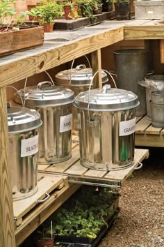 pots and pans are sitting on the shelves in an outdoor garden area that is filled with plants