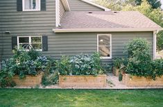 an outdoor garden area with various vegetables and plants in wooden planters on the side of a house