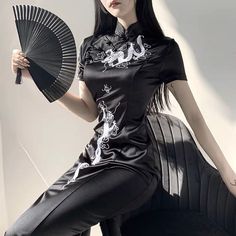 Medium Measurements In Last Photo Recommend For 115-125 Lbs New And Unused Black Didn’t Come With Tags Dragon Woman Dress, Chinese Silk Robe Dragon, Luxury Silk Fitted Ao Dai, Chinses Dress, Gaun Koktail, Sukienki Plus Size, Breathable Clothes, Qipao Dress, Fitted Midi Dress