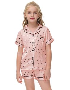 PRICES MAY VARY. 🌈Premium Material: This Kids Classic Short Sleeve Pajamas Made of high-quality silk satin fabric. Ultra-soft, lightweight, cool, breathable and comfortable. Give your lovely kids to dreamland sweet in every summer night. 🌈Classic Pajamas Style: VESEACKY unisex nighty design with classic notch collar, short sleeve, button front sleep shirt, mini chest pocket, exquisite piping contrast and super cute pj shorts. Suitable for boys and girls wear in spring and summer. 🌈Elastic Wai Cute Pj Shorts, Nighty Design, Satin Pajamas Set, Silk Pjs, Classic Pajamas, Kids Nightwear, Silk Satin Fabric, Satin Pajamas, Pajamas Set