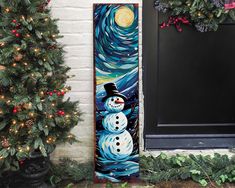 a snowman standing in front of a decorated door with christmas trees and garlands