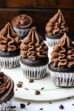 chocolate cupcakes with frosting on a white plate