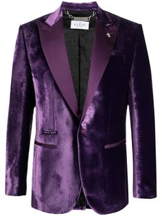 dark purple silk blend front button fastening peak lapels silver-tone logo plaque two side flap pockets English rear vents long sleeves Blazer Man, Velvet Suit Jacket, Purple Blazer, One Piece Oc, Studio 54, Velvet Blazer, Purple Silk, Future Fashion, Airport Fashion