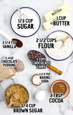 the ingredients to make chocolate chip cookies on a marble counter top with text overlay