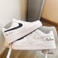 a pair of white nike air force sneakers with the words mr and mrs written on them