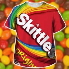 a t - shirt with the word skittles on it surrounded by gummy bears