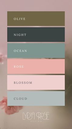 This contains a colour palette made up of olive green, dark night green, ocean teal, rose pink, soft pink and grey. Dusty Pastels Colour Palettes, Dusky Pink Colour Scheme, Colours That Compliment Each Other, Colors That Go With Rose Pink, Sage Green And Pink Palette, Dusky Colour Palette, Pale Pink Color Combinations, Calming Home Colors, Wellbeing Colour Palette