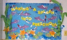 a bulletin board with children's drawings on it and words making a splash into preschool