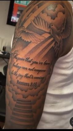 Bible Verse Tattoos For Men Shoulder, Forearm Half Sleeve Tattoos, Top Of Forearm Tattoo, Rip Tattoos For Men, Upper Shoulder Tattoo Men, Upper Shoulder Tattoo Men Ideas, Upper Arm Tattoos For Guys, Star Sleeve Tattoo, Upper Shoulder Tattoo