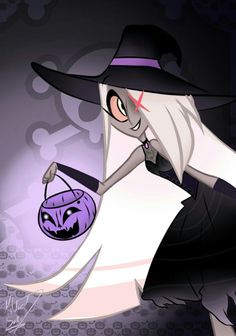 a cartoon character dressed as a witch holding a trick bag