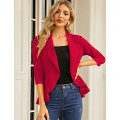 MATERIAL: 95% Polyester and 5% Spandex, premium stretch fabric. This casual work office blazer cardigan jacket is soft and comfortable to wear. FEATURES: 3/4 sleeve office blazer jacket, basic shawl collar, black blazer for women, open front with a single front button, ruffle hem, slim fit jacket suit, solid color/plain, no liner or shoulder pads. OCCASIONS: Great for casual street look, business outfit, work office style and and other special events, leisure time, daily life, holiday, vacation Black Blazer For Women, Blazer Cardigan, Color Plain, Casual Blazer Women, Outfit Work, Chic Blazer, Jacket Suit, Lightweight Blazer, Slim Fit Jackets