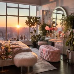 the bedroom is decorated in pink and white with lots of plants on the windowsill