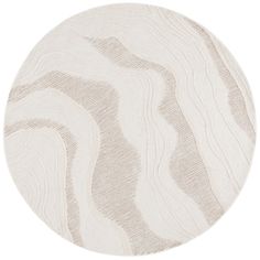 a round rug with wavy lines on the surface in white and beige colors, isolated against a white background