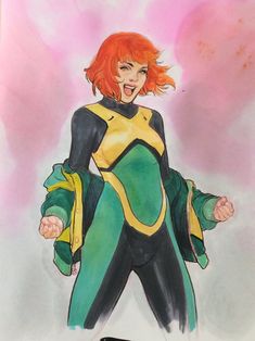 a drawing of a woman in a green and yellow costume with her hands out to the side