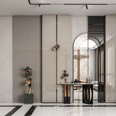 an elegant bathroom with marble floors and walls, along with a large mirror on the wall