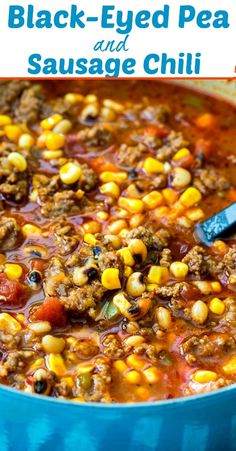 a blue pot filled with black - eyed pea and sausage chili