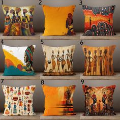 six pillows with african designs on them in various sizes and colors, all sitting on shelves