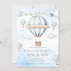 a birthday card with hot air balloons in the sky