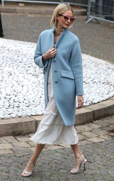 Chic Blue Outerwear, Blue Coat Street Style, Chic Light Blue Winter Outerwear, Powder Blue Coat, Pale Blue Coat, Pale Blue Trench Coat, Chic Blue Fur Coat