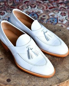 White Tassel Fashion Shoes for Men's White Dress Shoes sold by The Leather Posh. Shop more products from The Leather Posh on Storenvy, the home of independent small businesses all over the world. White Dress Shoes Men, Shoes Light Blue, White Dress Shoes, Business Casual Shoes, Best Shoes For Men, Handmade Leather Shoes, White Tassel, Tassels Fashion, Moccasins Shoes