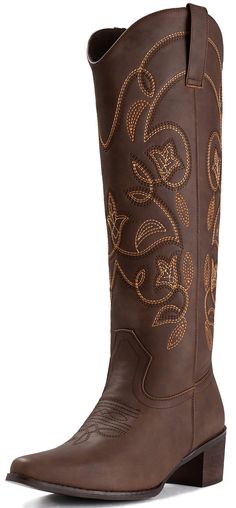 PRICES MAY VARY. 【Cowgirl Boots Style】:The 2.0 inches western wooden heel and classic western embroidery design showcase a classic but elegant western style. 【Comfortable Design】:The padded lining is soft and smooth & the latex insole is cushioned & supportive, providing comfort and warmth. 【Quality Synthetic Leathers】:Compared to leather，the uppers of our cowboy boots are more breathable and softer and looks the same 【Suitable Most Occasions】: These cowboy boots are perfect for pairing with jea Womens Western Boots, Brown Cowgirl Boots, Cowboy Boots For Women, Western Embroidery, Boots Mid Calf, Boots Cowgirl, Style Comfortable, Boots Style, Western Boots Women