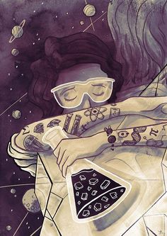 a drawing of a woman with glasses and tattoos on her arm holding a piece of pizza