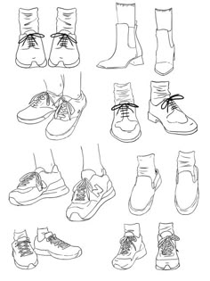 the different types of shoes that are drawn in black ink on white paper, each with their own shoelaces