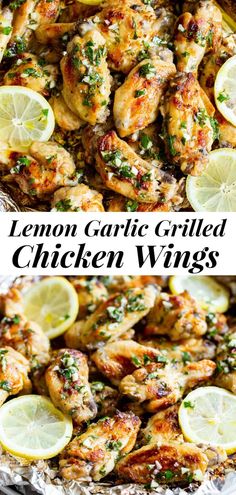 lemon garlic grilled chicken wings with herbs on top