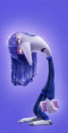 a cartoon character with blue hair is flying through the air in front of a purple background