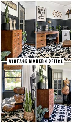 vintage modern office with wooden furniture and plants