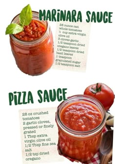 two different types of marinara sauces in mason jars with instructions on the side