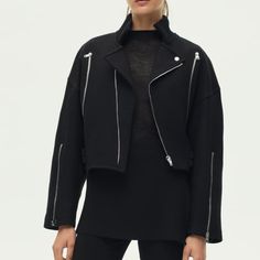 Nwt Zara Manteco Wool Biker Jacket Zw Collection Black Retail Price $169 Zara Shorts, Zara Jackets, Casual Street Style, Utility Jacket, Party Fashion, Biker Jacket, Casual Style, Black Color, Casual Shorts