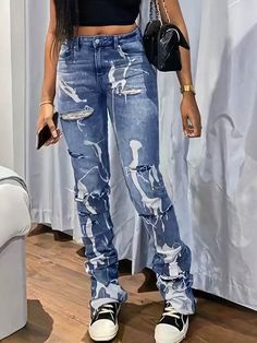 Medium Wash  Collar  Denim Graphic Skinny Embellished Medium Stretch  Women Clothing Super Ripped Jeans, Shein Fits, Denim Jeans Ripped, Denim Crop Top, Teen Girl Outfits, Women Maxi, Ripped Denim, Dark Wash Denim, Jeans Denim