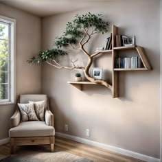 a living room with bookshelves and a bonsai tree in the corner on the wall