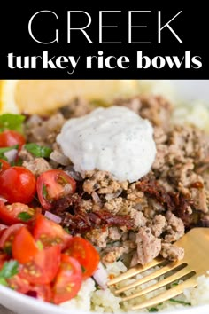 this greek turkey rice bowl is loaded with meat, tomatoes, onions, and sour cream