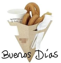 coffee beans in a paper bag with the words,'buenss dias '