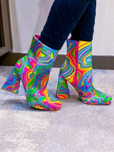 These gorgeous statement boots are a must have for every fashionista. Featuring a vibrant marble multi colored detail and stacked heel for that sassy and classy look. Finished with a lightly padded insole and easy slide style.Material: PVC (man-made)Sole: Synthetic Measurement Heel Height: 4” (approx) Boots Aesthetic, Boots For Ladies, Outfit Boots, Funky Shoes, New Rock, Crazy Shoes, How To Look Classy, Boots Outfit, Look Cool