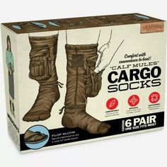 the cardboard box is full of shoes and socks for men to wear on their feet