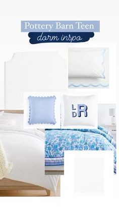 blue and white bedding with the words pottery barn teen