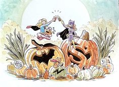 two cartoon characters jumping over pumpkins in front of a full moon