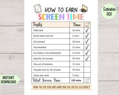 a printable screen time sheet with the instructions for how to earn and use it